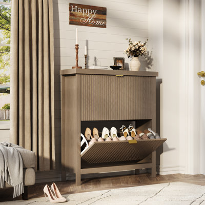 Fluted Slim Shoe Storage Cabinet for Entryway - 2 Reverse-Down Drawers, Adjustable Shelves, Freestanding Space-Saving Wooden Shoe Organizer for Hallway or Foyer