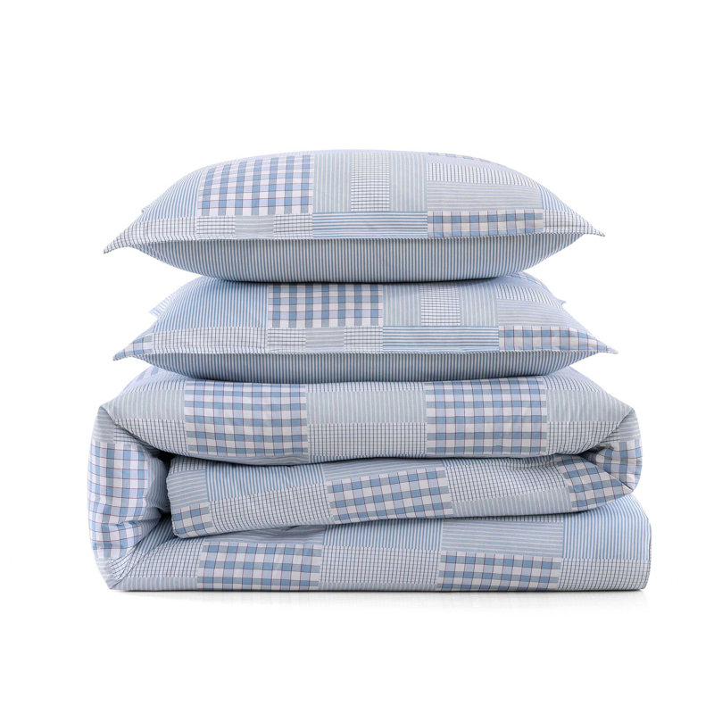 Tommy Hilfiger Hamptons Patchwork Cotton Blue Duvet Cover Set, Queen Duvet Cover + 2 Standard Shamps, 3