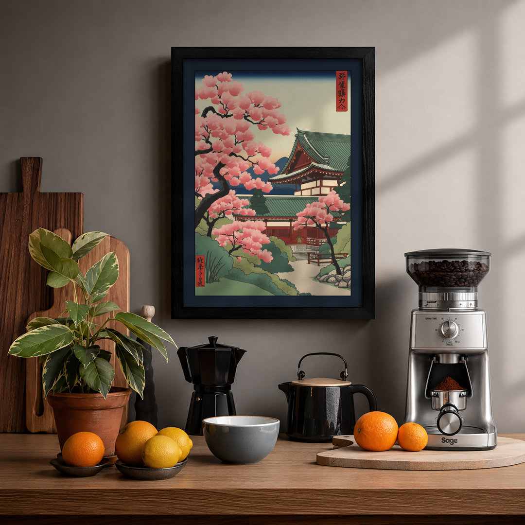 Cherry Blossom Temple Japandi - Framed Print