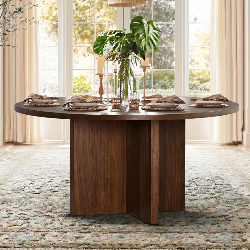 60 Inch White Oak Veneer Round Pedestal Dining Table, Walnut
