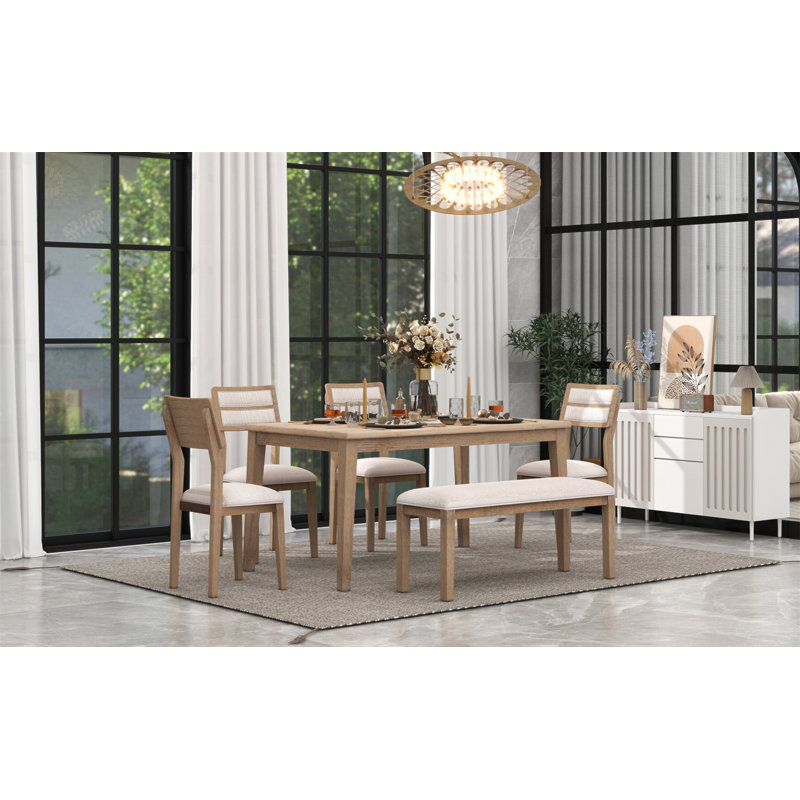 Ensemble de salle à manger 6 pièces de style classique et traditionnel, comprenant une table de salle à manger, 4 chaises rembourrées et un banc