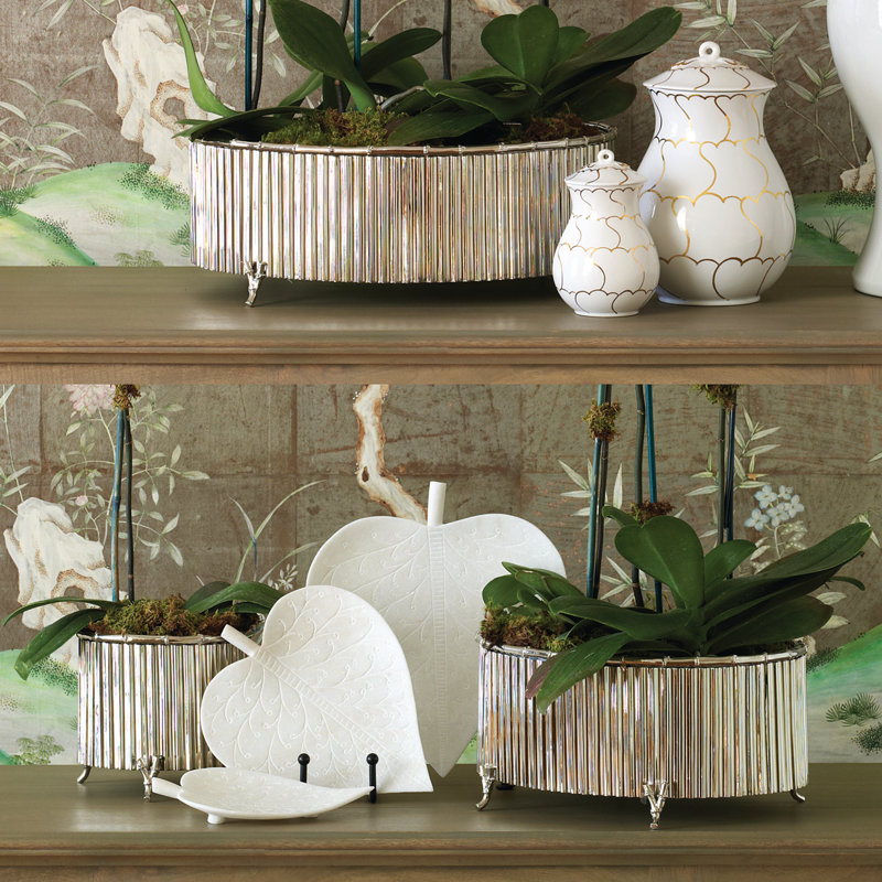 Corrugated Bamboo Cachepot, 7.5" H x 8.5" W x 8.5" D, Brass