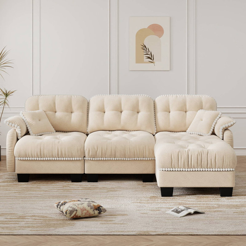 Canapé modulaire en L capitonné en L avec 1 repose-pieds mobile, Beige