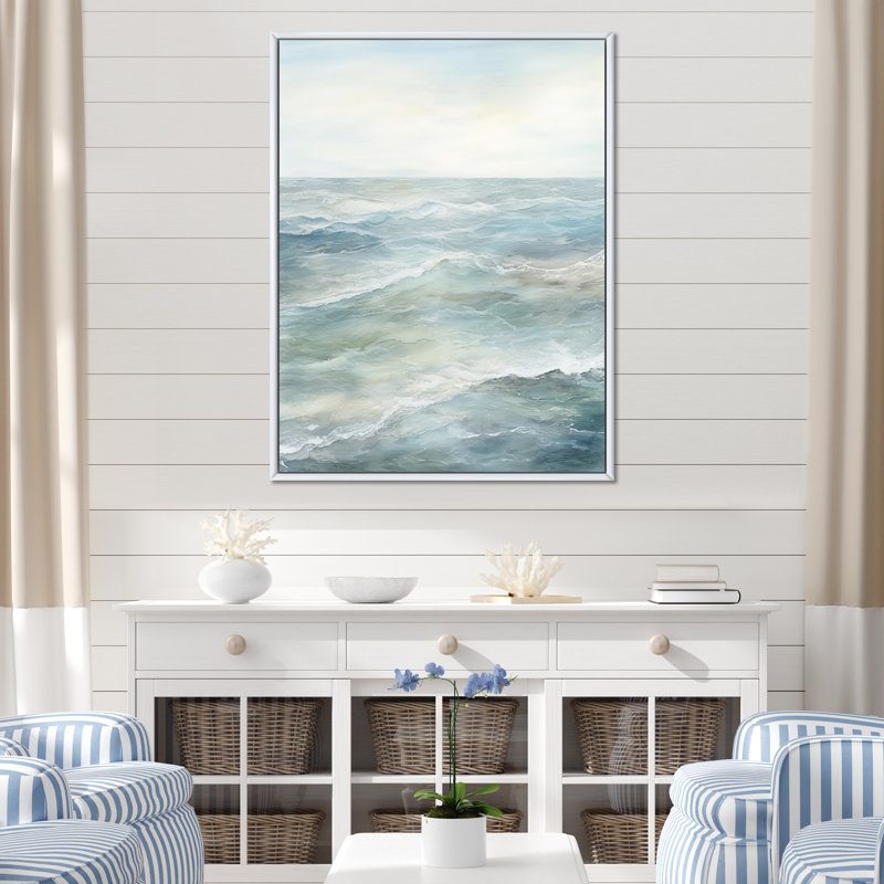 «Ocean Minimal Waves Charm I», reproduction sur toile, Cadre flottant blanc, H 44 po x l 34 po x P 1,5 po
