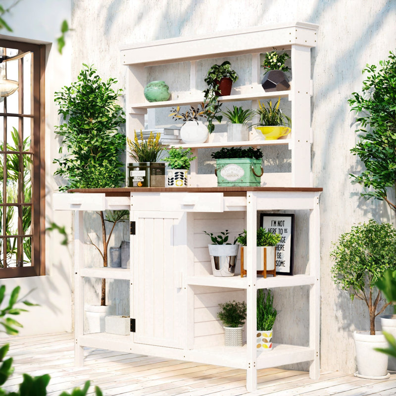 Grande table de rempart d'extérieur en bois avec 2 tiroirs, une armoire et des tablettes ouvertes, Blanc / Brun