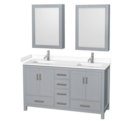 Meuble-lavabo double autoportant de 60 po avec dessus en marbre de culture avec armoires à pharmacie Sheffield