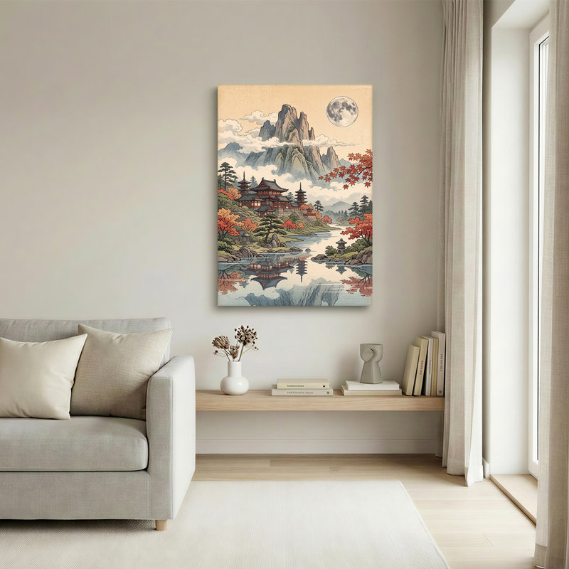«Asian Mountain Temple with Red Maples and Moon», art mural sur toile, H 18 po x l 12 po