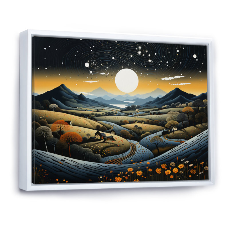 Bleu et or, paysage africain moderne V - art mural moderne sur toile, H 30 po x l 40 po x P 1,5 po, Cadre flottant blanc