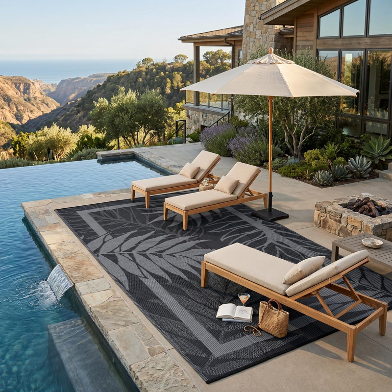 Tapis d'extérieur réversible en plastique pour terrasse, Noir, Rectangle 9' x 12'