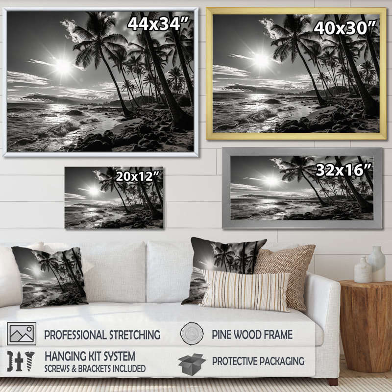 Hawaï noir et ombres blanches d'Aloha II - décoration murale Hawaï, H 16 po x l 32 po x P 1 po, Toile tendue
