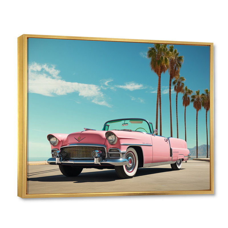Miami Pink Cadillac III - Transportation Canvas Art Print, Cadre flottant doré, H 16 po x l 32 po x P 1 po