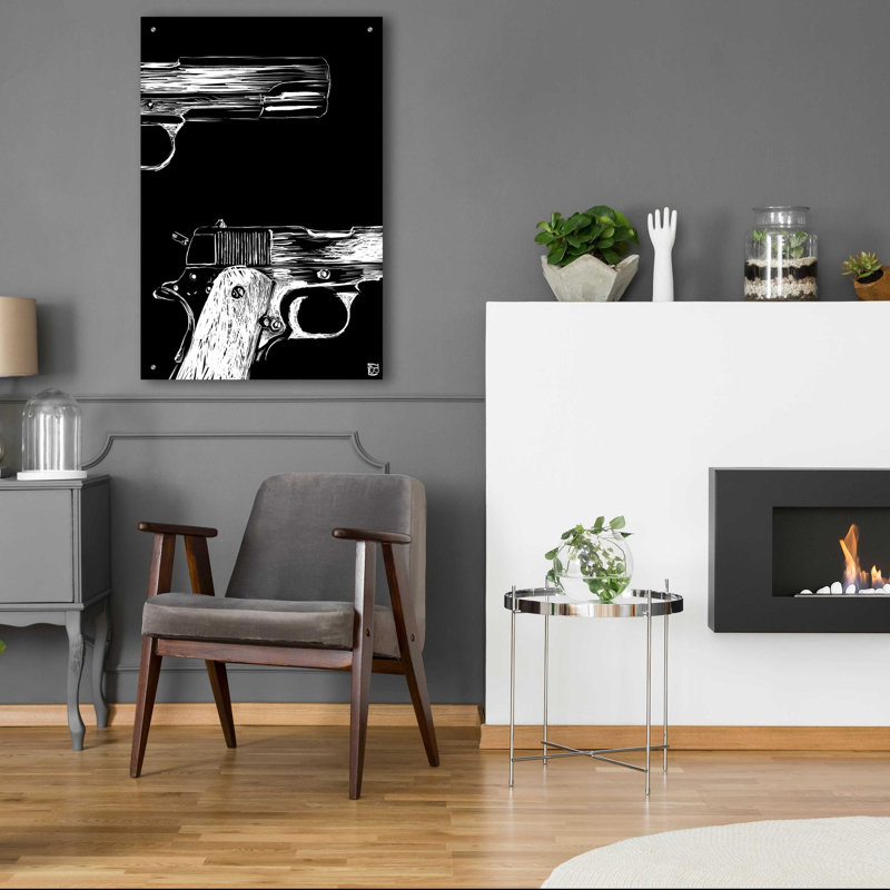 «Guns» par Giuseppe Cristiano, art mural en verre acrylique, H 36 po x l 24 po x P 0,2 po