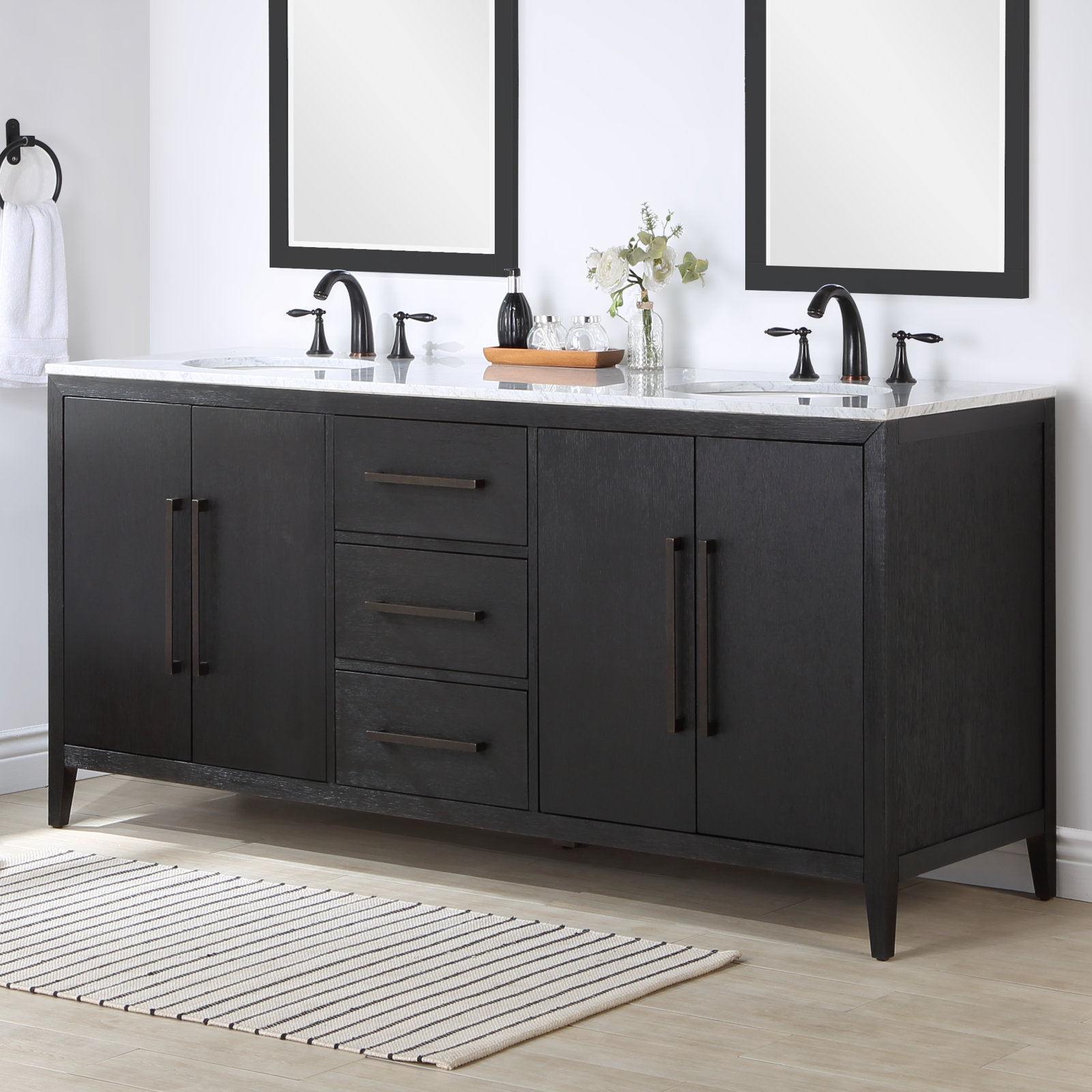 Alsup 60" Double Bathroom Vanity with Carrara Marble Top, Wire Brushed Dark Oak