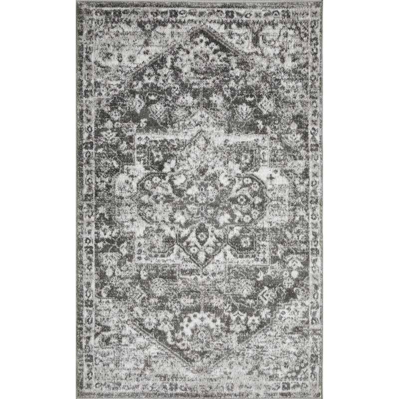 Tapis floral gris en polypropylène tissé à la main Ragheb, Rectangle 3 pi 3 po x 5 pi 3 po