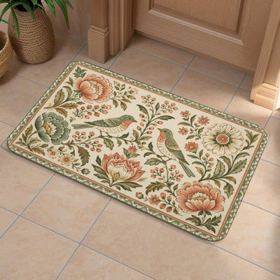 Tapis lavable antidérapant vintage en flanelle à motif floral rétro pour entrée de cuisine, 20 x 32 po