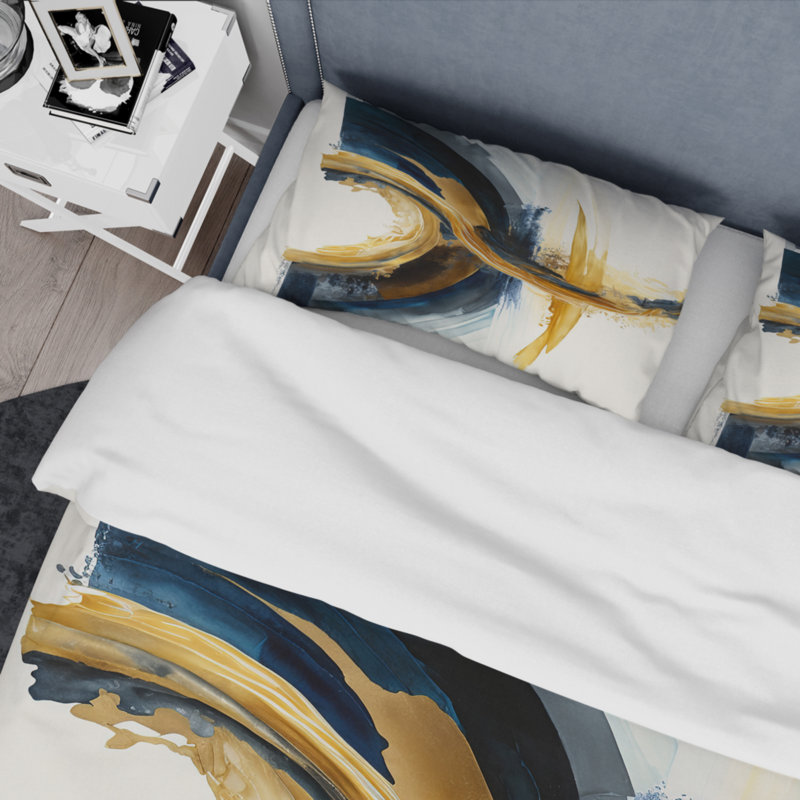Bleu et or tourbillon abstrait III - ensemble de housse de couette spirale moderne - polyester microfibre