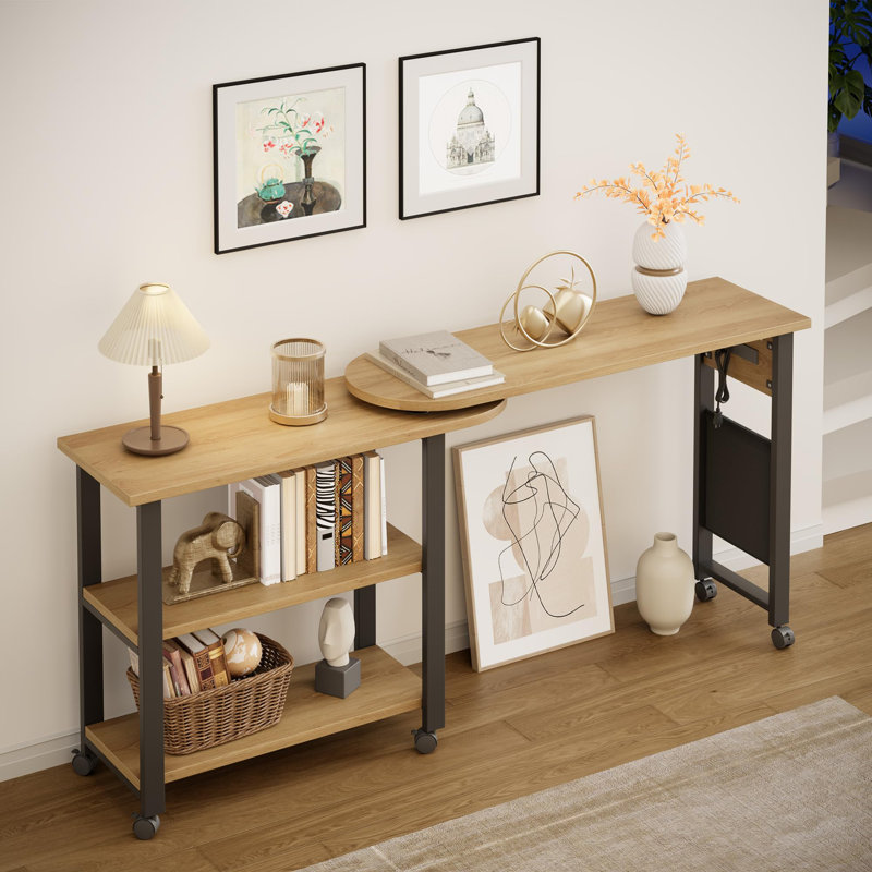 Table d'appoint pivotante à 360 ° avec station de charge, table de bout pivotante avec sac de rangement supplémentaire et 6 roues pivotantes verrouillables pour la chambre à coucher et le salon (couleur naturelle)