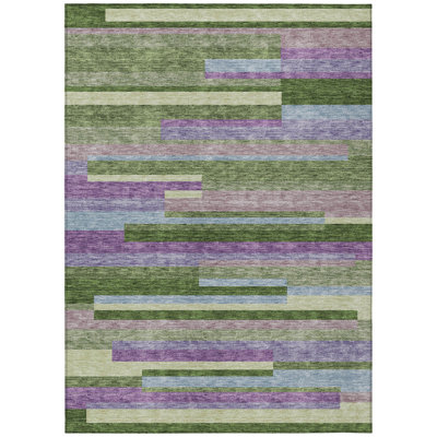 10' X 14' Moss Green Olive Green And Purple Striped Washable Indoor Outdoor Area Rug