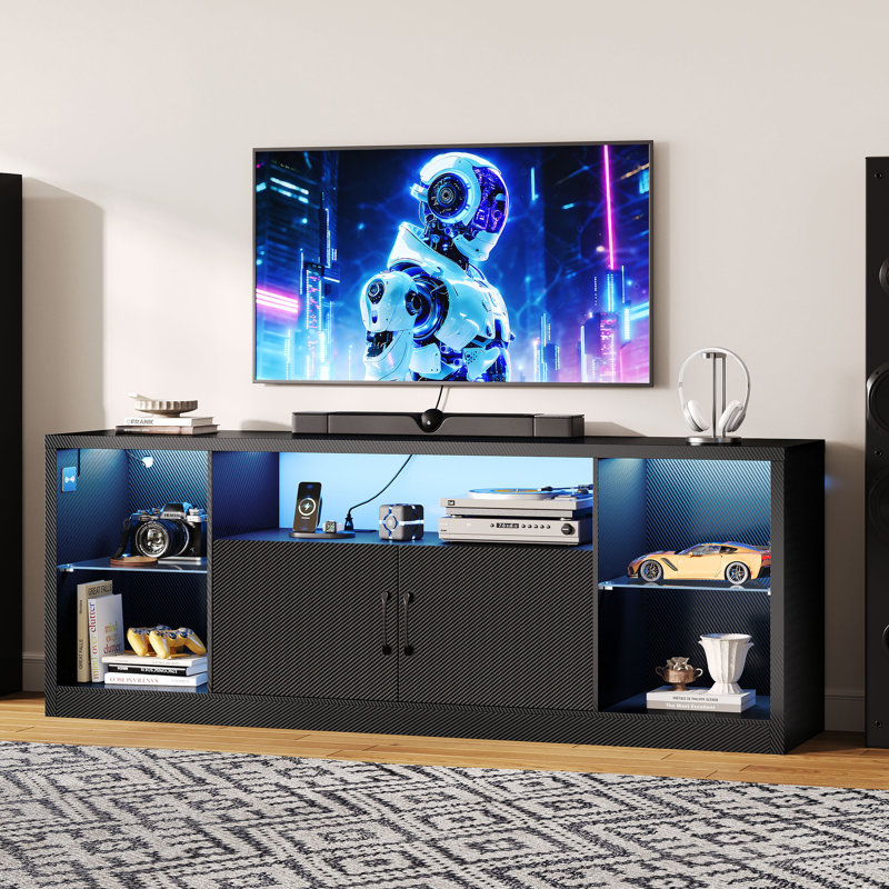 TV Stand For TVs 80 Inch With Power Outlet And Led Lights, Carbon Fiber Entertainment Center With Storage Cabinets, Adjustable Glass Shelves, Modern TV Stands For Living Room, Black