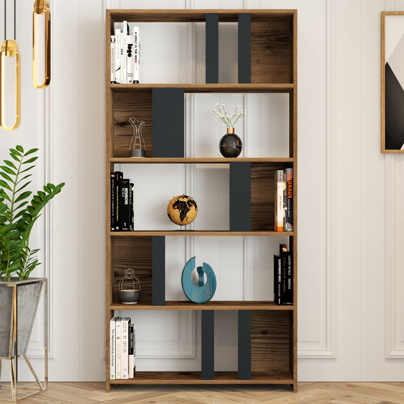Modern Wall-Mounted Bookshelf, Walnut & Anthracite, 35.4 x 70.9 x 7.9 inches | 100% Melamine Coated Particle Board, Thickness: 0.7 inches | Numerous Shelves, Stylish Design, Perfect for Home or Office Storage