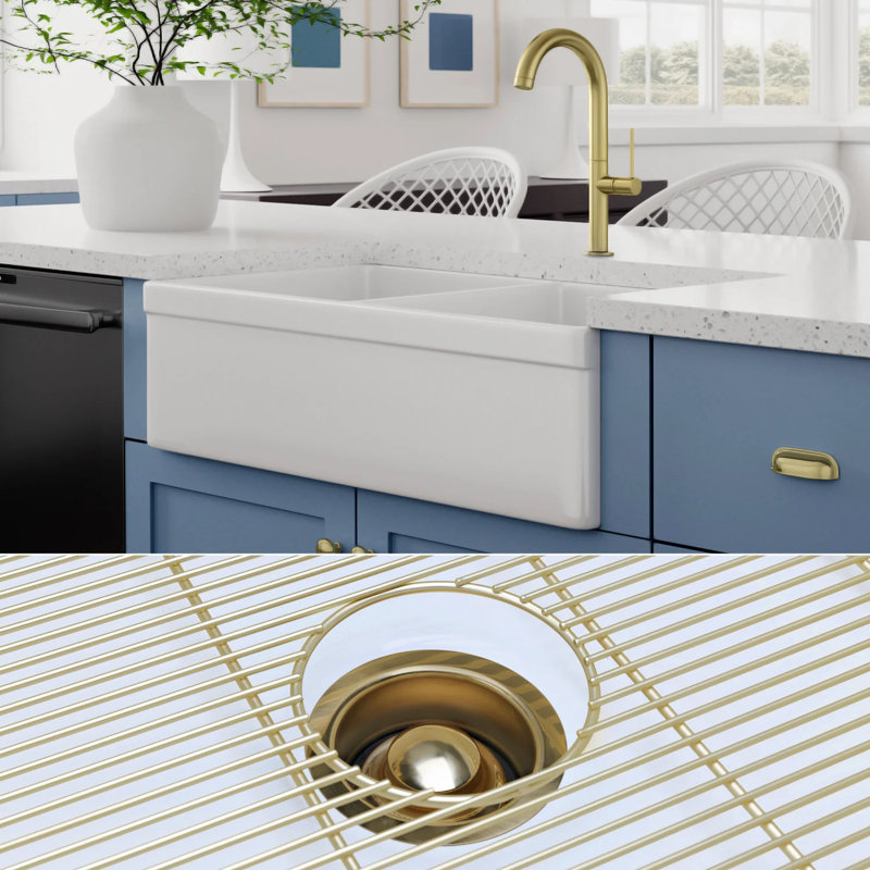 32.75" L x 19.88" W Double Basin Farmhouse Kitchen Sink with Accessories, Brushed Brass Accessories