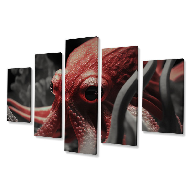 Portrait de pieuvre rouge, photographie de pieuvre - animaux, art mural sur toile - 5 panneaux