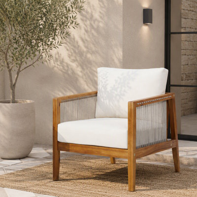 Fauteuil club d'extérieur en bois d'acacia durable avec dossier en corde et coussins hydrofuges pour le confort du patio