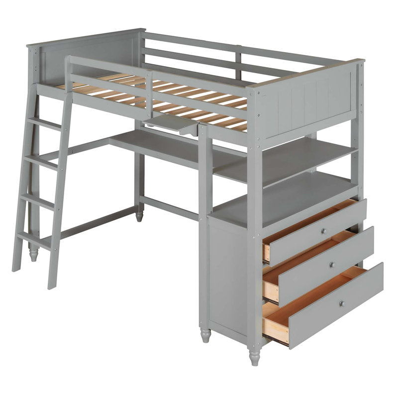 Lit mezzanine avec tiroirs et bureau, lit mezzanine en bois avec tablettes, Simple, gris