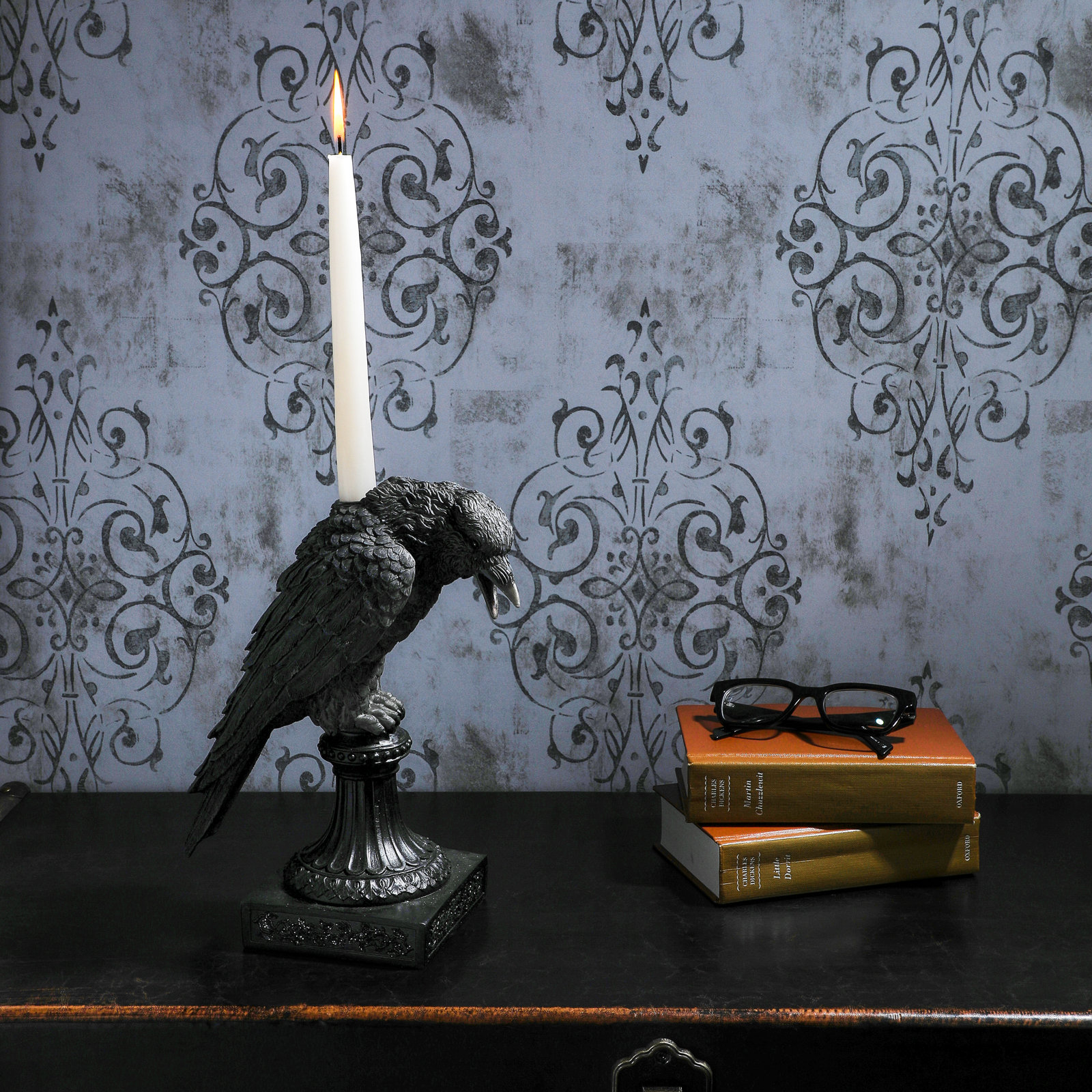 12" Resin Black Raven Candle Holder