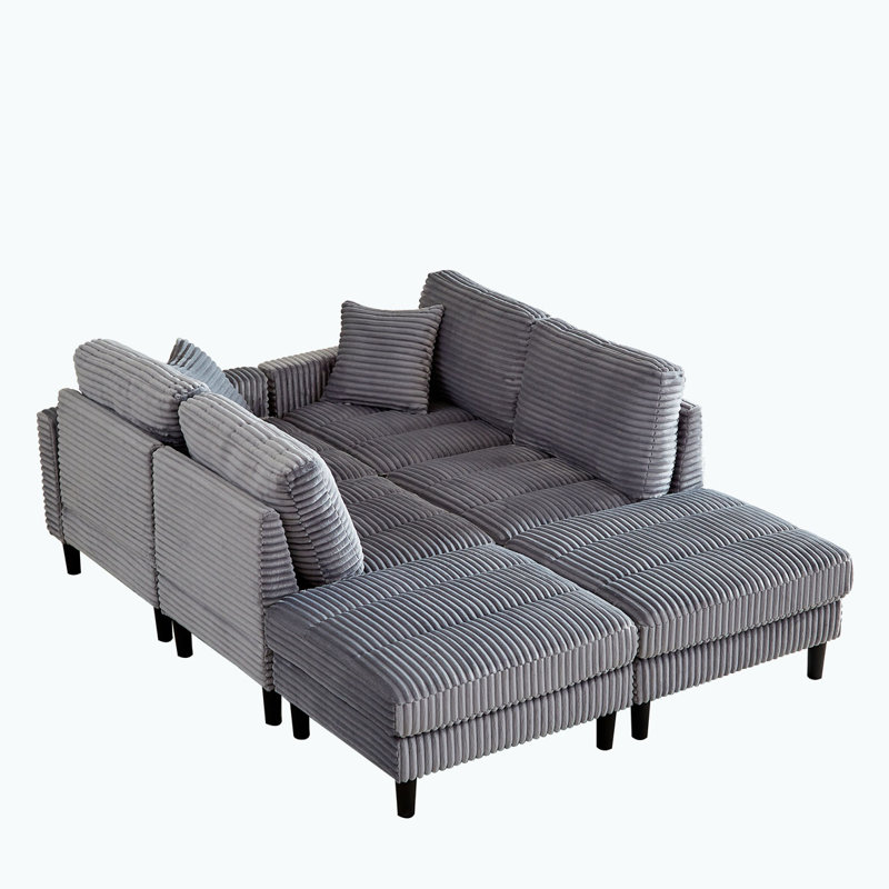Canapé modulaire en U avec 2 coussins, Velours côtelé gris
