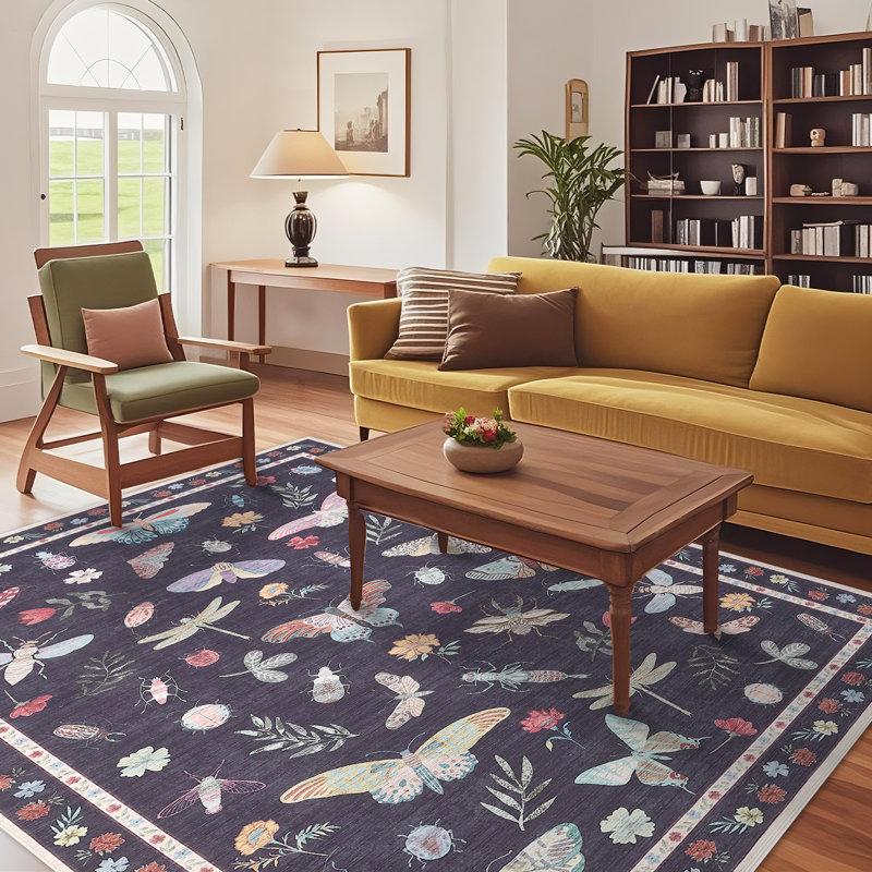 Living Room Rugs Ultra-Soft Modern Floral Insect Accent Rug with Non-Slip Backing, Non-Shedding Low Pile Indoor Carpet, Washable Floor Cover, Easy Cleaning, for Bedroom, Office