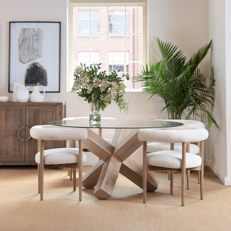 Clear Glass Top Light Brown Pine Base Round Dining Table