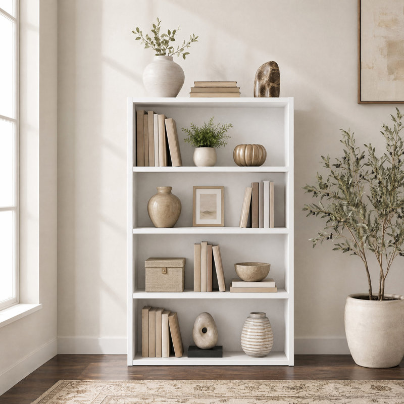 Bibliothèque réglable en bois standard à 4 niveaux, (4 tablettes) H 42 po x l 23,8 po x P 9,2 po, Blanc