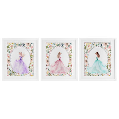 Princess Love Pearls & Florals 3pc Framed Print Under Glass Set, design by Christine Simpson Art