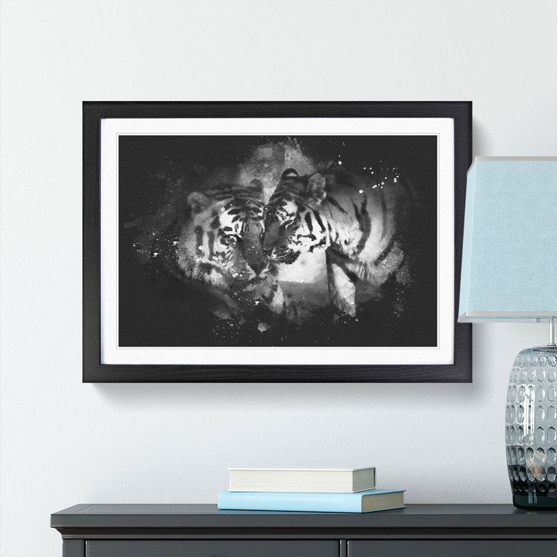 Two Snuggling Tigers - Picture Frame Graphic Art Print, 33cm H x 45cm W x 2cm D, Black Framed