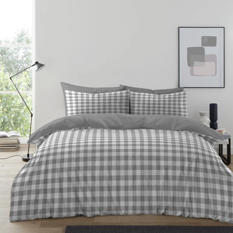 Luxury Gingham Microfibre Duvet Cover Set with Pillowcases Soft Breathable Easy Care Bedding All Sizes, Grey
