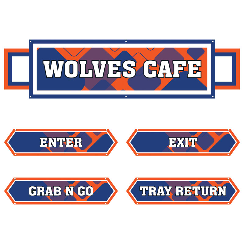 AmTab - Serving-Décor-S03-P-EC - Serving Area Signage (5 pieces) - Style 3 - Chargers
Café Sign: 24"W x 72"L
Enter Sign:  8.5"W x 36"L
Exit Sign:  8.5"W x 36"L
Grab N Go Sign:  8.5"W x 36"L
Tray Return Sign:  8.5"W x 36"L