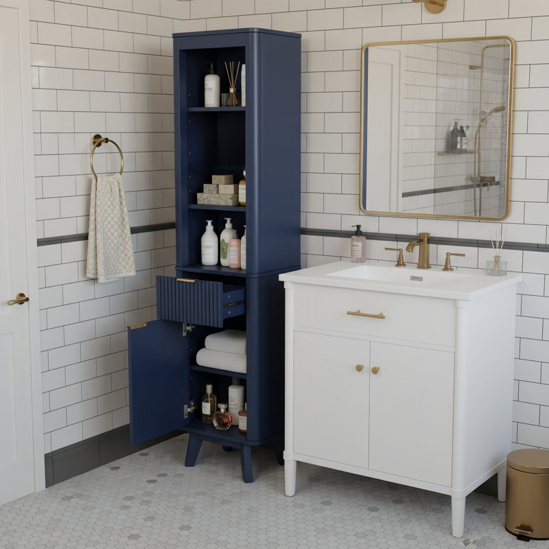 Armoire de rangement pour salle de bain de 68 po de hauteur avec tablettes réglables, tiroir et porte, Bleu