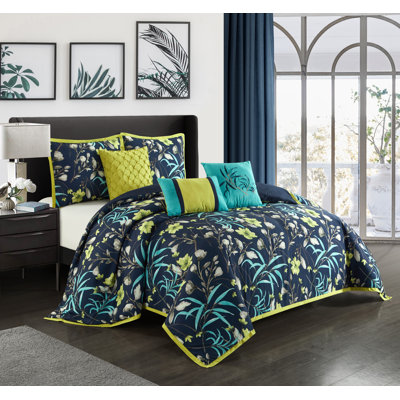Navy/Yellow Microfiber 6 Piece Comforter Set