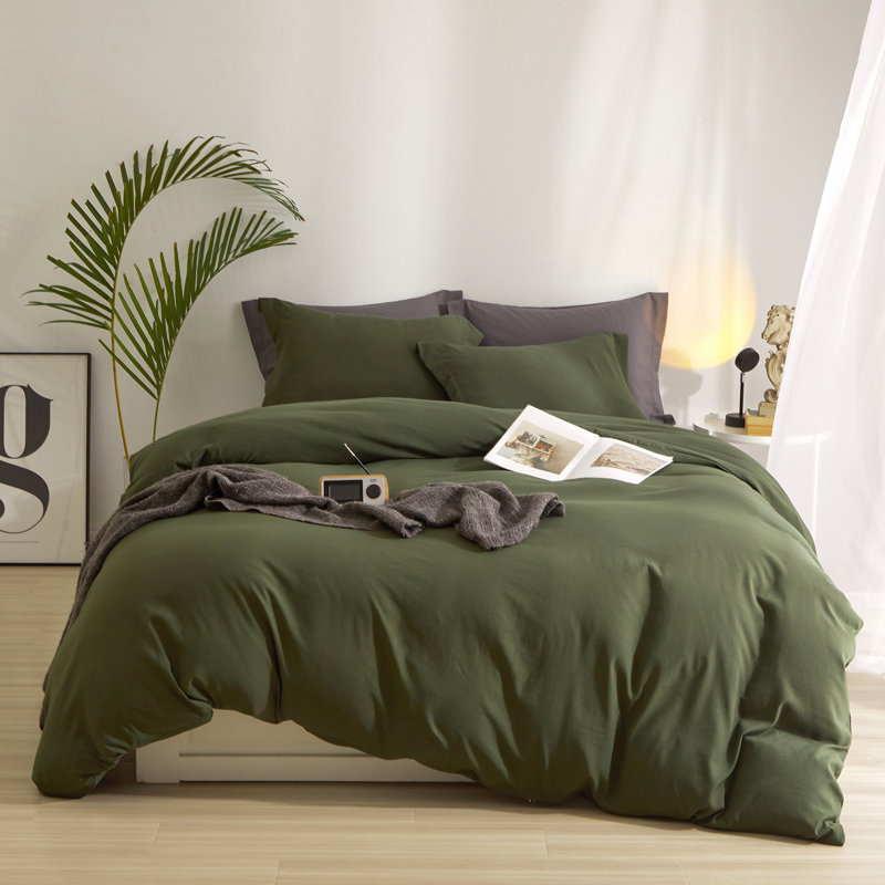  Breathable Washed Microfiber Duvet Cover Set, Army Green, Queen Duvet Cover + 2 Standard Shams