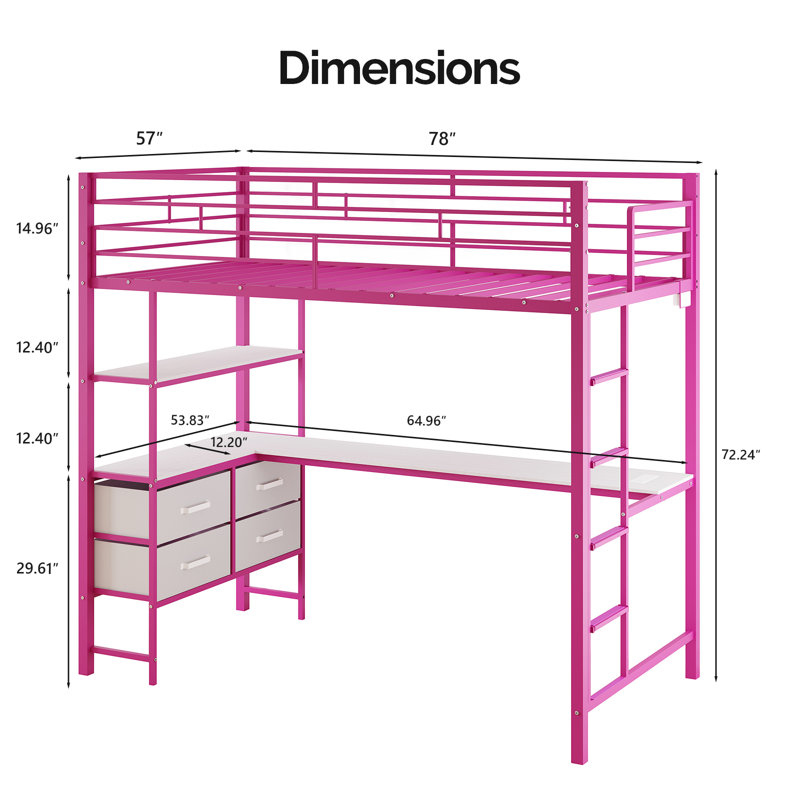 Pink Twin Metal Loft Bed Frame With L-Shaped Desk, 15" Guardrail, Non-Slip Ladder, 2 Charging Stations, Storage Shelves, 4 Drawers, LED Lights