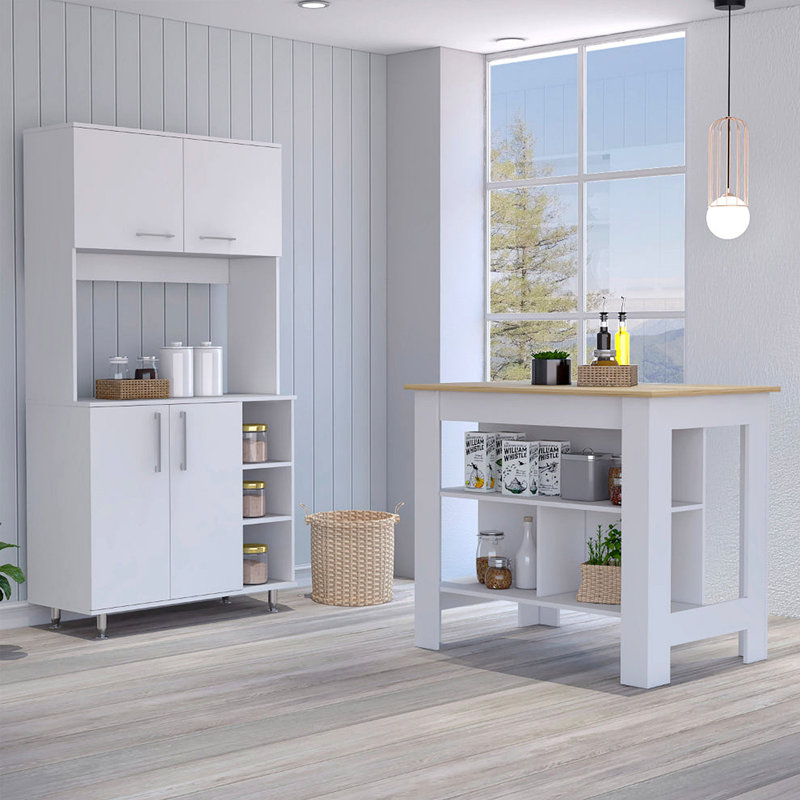 Ralston 7-Shelf 4-Door 2-Piece Kitchen Set, Kitchen Island And Pantry Cabinet White And Light Oak