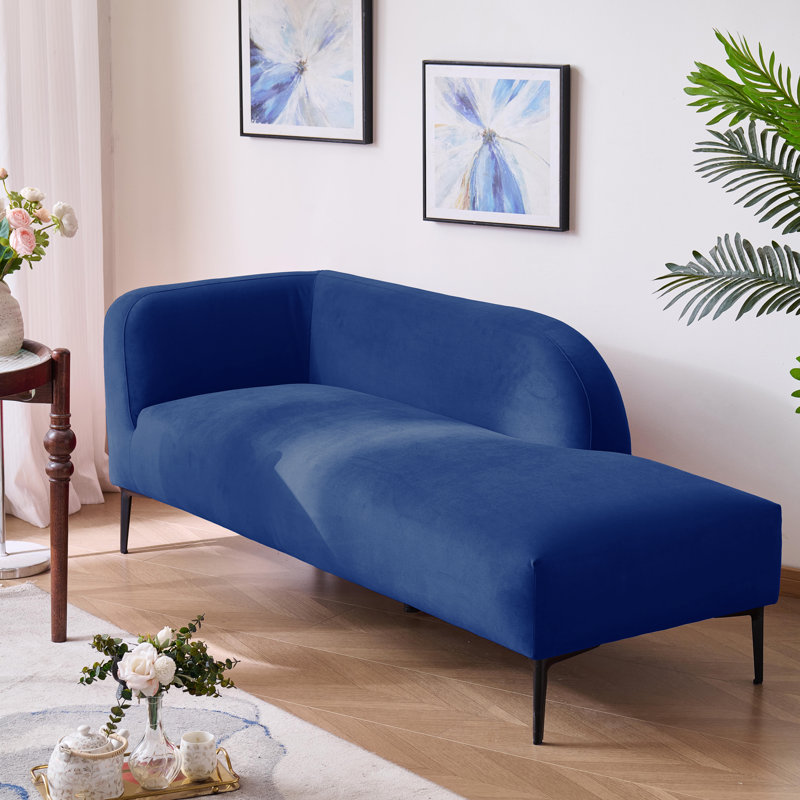 Adelyn Mid-Century Velvet Chaise Lounge, Curved Back Accent Daybed with Tapered Metal Legs, Blue, Blue