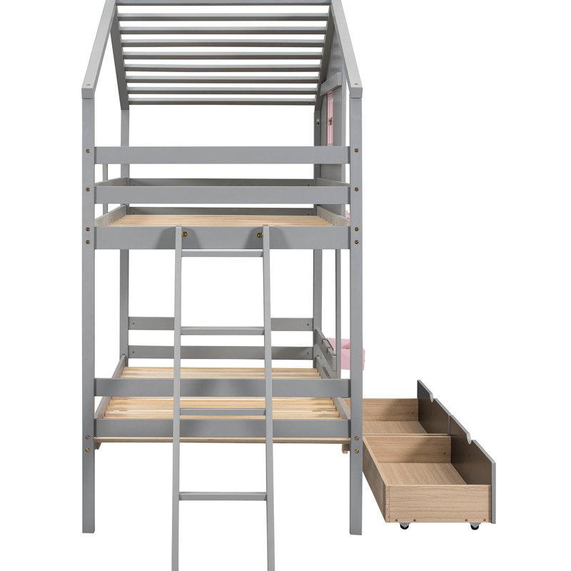 Lit simple superposé en gris. Comprend 2 tiroirs, une boîte de rangement, une tablette et une fenêtre. Bois massif. Pour les plus de 6 ans est livré avec du bois pour plus de stabilité. Des années et plus
