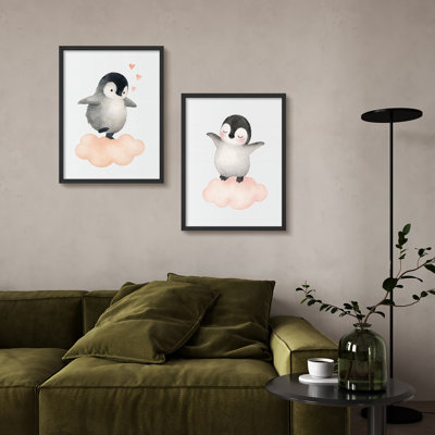 Baby Penguin Framed Wall Art Set of 2 - Sweet Watercolor Penguin on Cloud Prints for Kids' Room or Nursery Decor