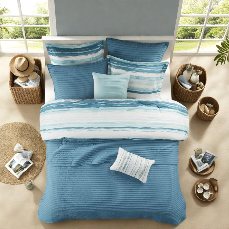 Serene Aqua Bedding Sets, Polyester Comforter With Modern Striped Design, Perfect For Home Relaxation