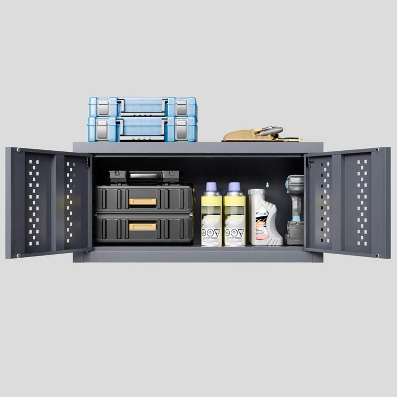 Armoire de rangement flottante en acier de 11,48 po de hauteur gris pour garages, fixation murale, porte à mouvement précis, tablettes amovibles, sous-sols en métal à gestion efficace de l'espace, H 31,52 po x P 15,16 po