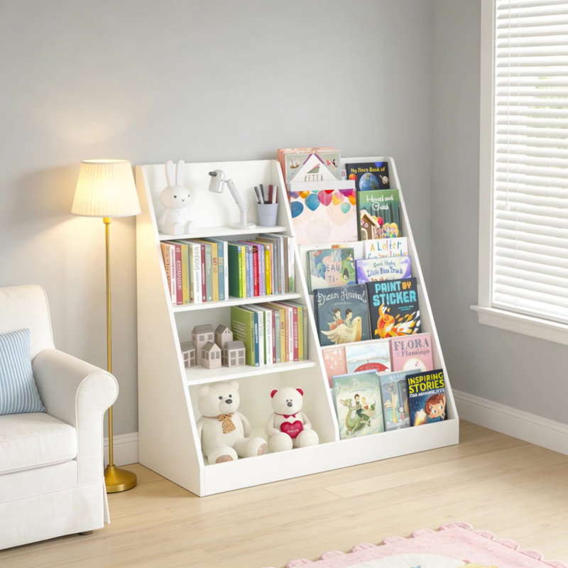 Bibliothèque multifonctionnelle pour enfants en bois à 4 niveaux avec présentoir à bibliothèque