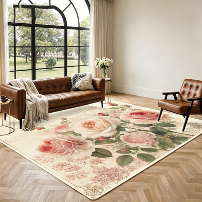 Tapis d'intérieur vintage à motif floral rose, style shabby chic, doux et moelleux, résistant aux taches, antidérapant et lavable à la machine, idéal pour le salon, la chambre, l'entrée, le bureau et la salle à manger.