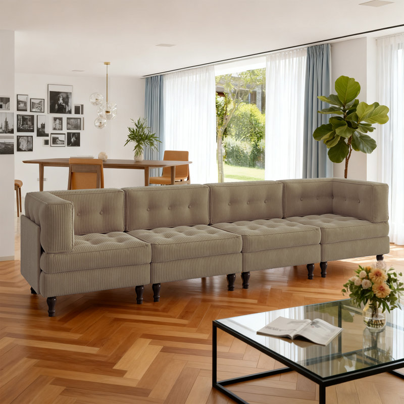 4 - Piece Upholstered Camel Tufted Corduroy Modular Sectional with Pillow Back, Camel, 31.8" H x 130.6" W x 32.6" D, 4